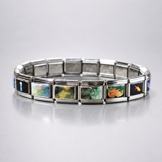 Blue fish modular charm bracelet with reflective stainless steel links