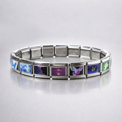 Dreamcore modular bracelet with soft butterfly signals and retro internet imagery