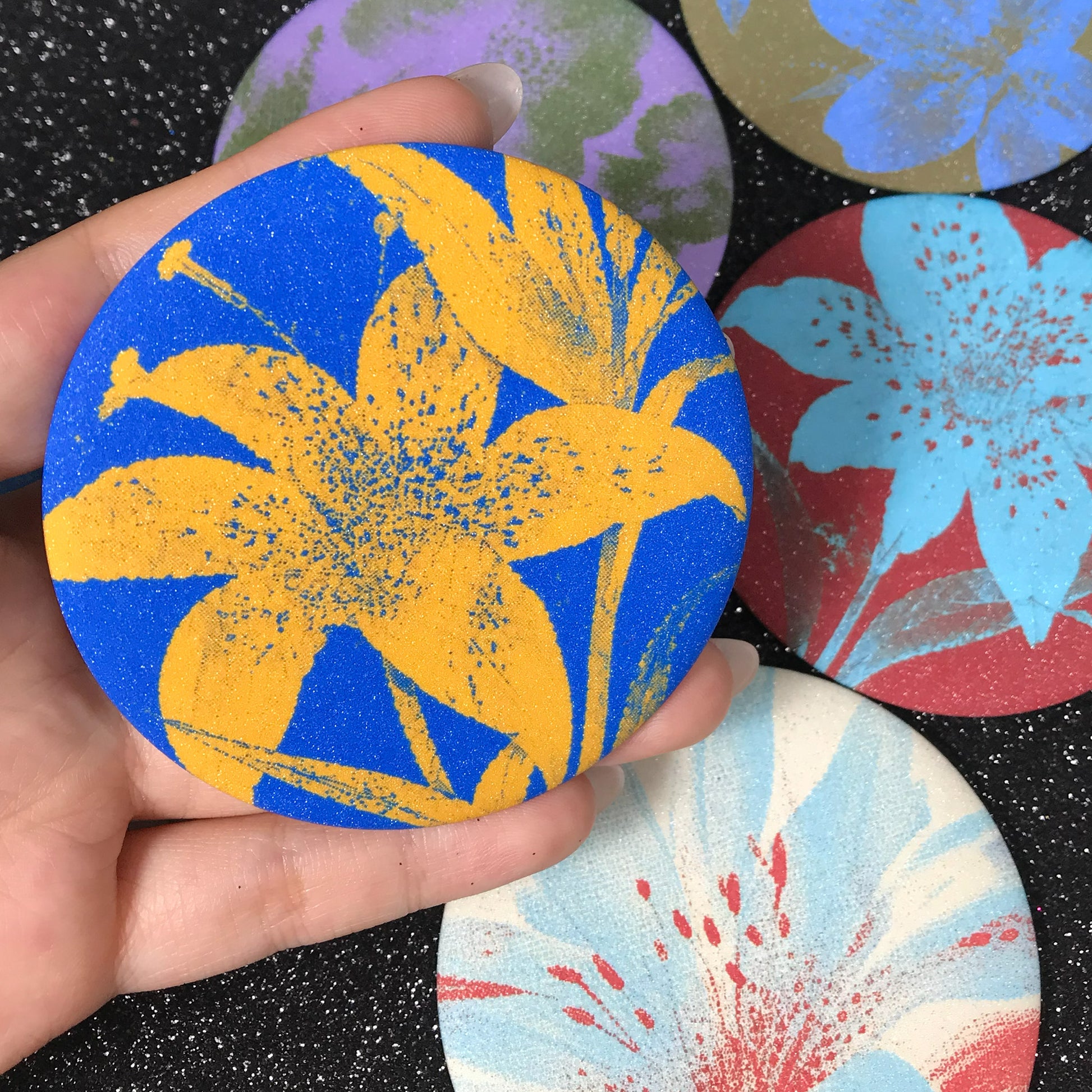 Y2K blue floral compact mirror with bright yellow lily-style flowers