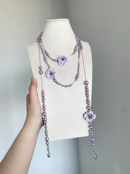 Y2K floral lariat necklace with lavender beads and long layered silhouette