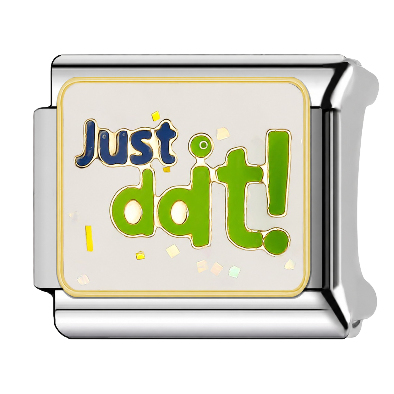 Just Do It Spark charm featuring green and blue message lettering with confetti details