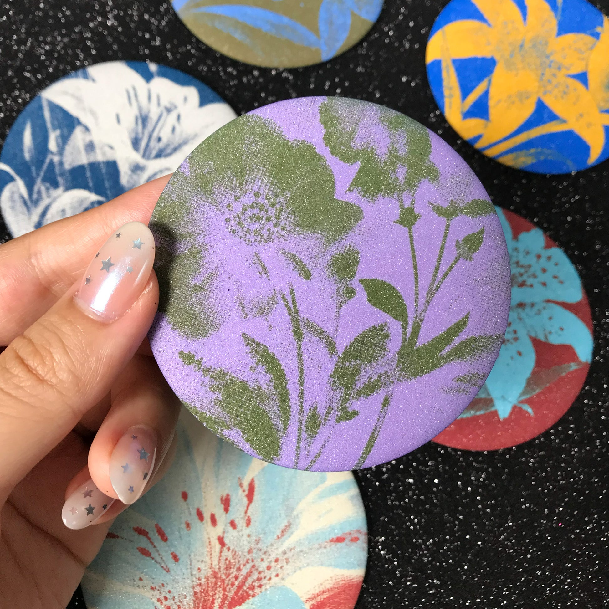 Dreamcore floral compact mirror with moss green botanical silhouettes