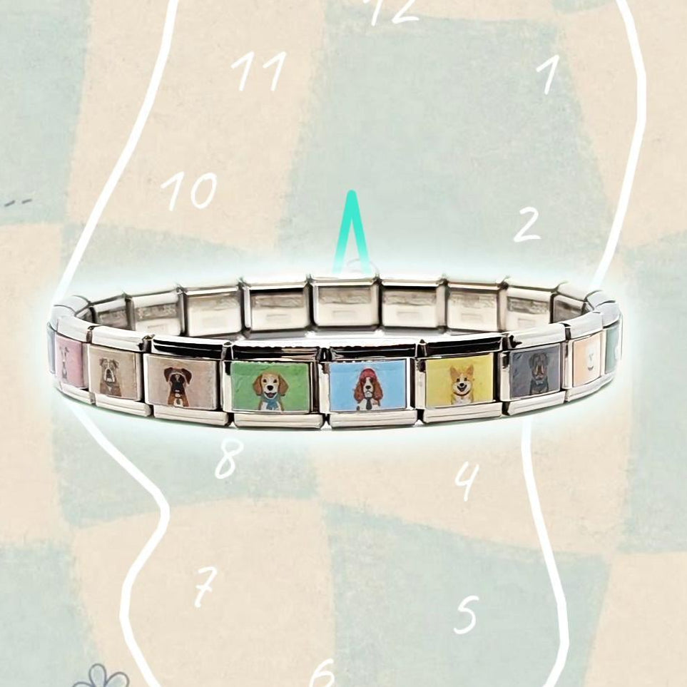 Little Dog Archive Italian charm bracelet with 21 illustrated dog portrait links