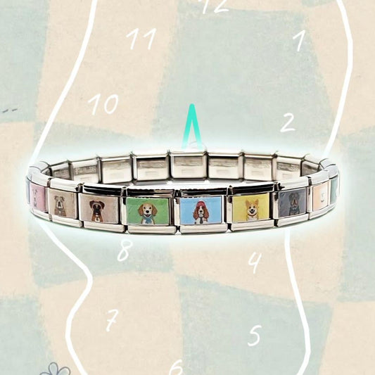 Little Dog Archive Italian charm bracelet with 21 illustrated dog portrait links