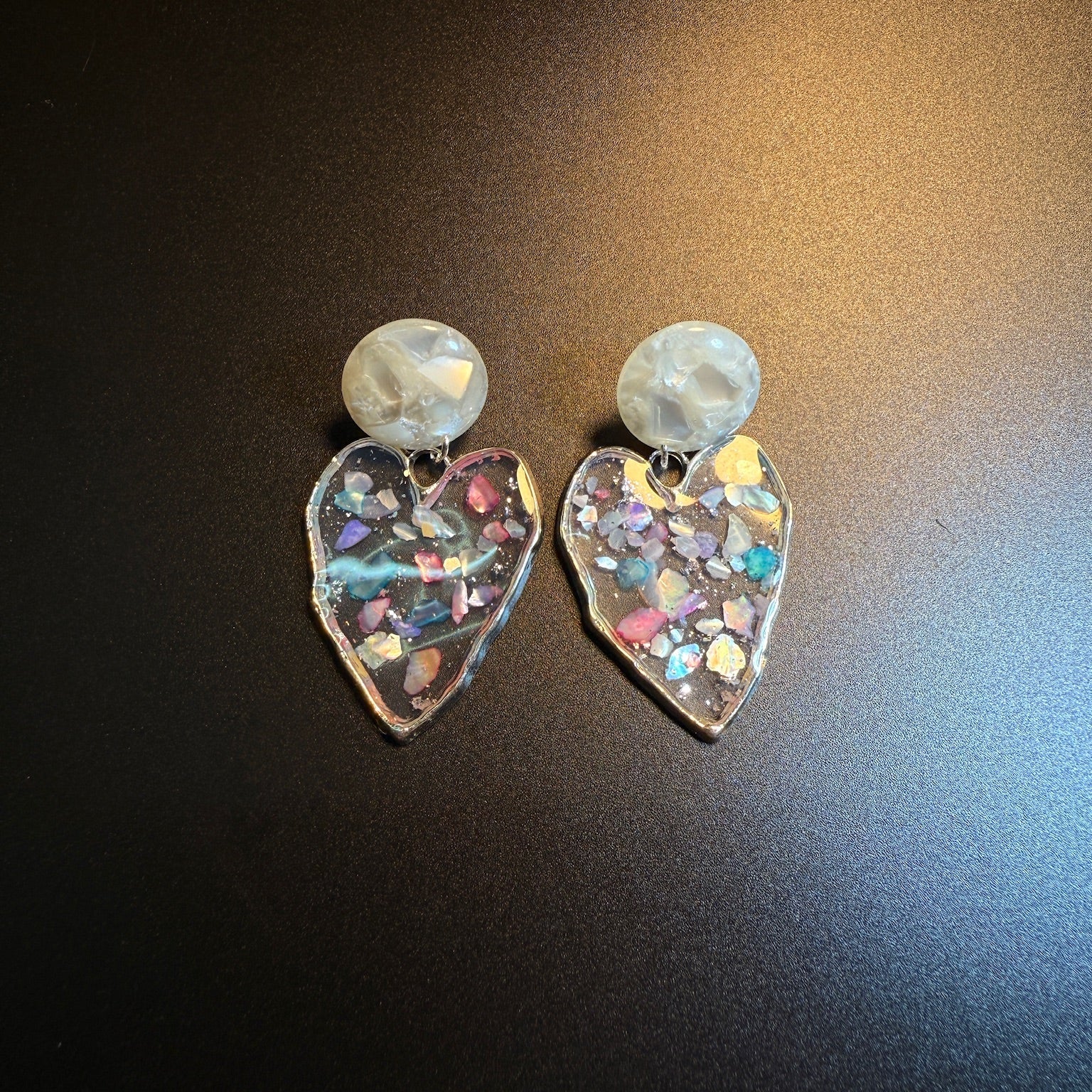 Memory Confetti Earrings with clear heart drops and colorful embedded fragments