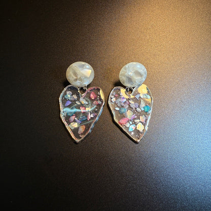 Memory Confetti Earrings with clear heart drops and colorful embedded fragments