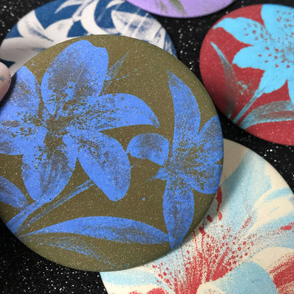 Dreamcore floral compact mirror with periwinkle blue lily-style flowers
