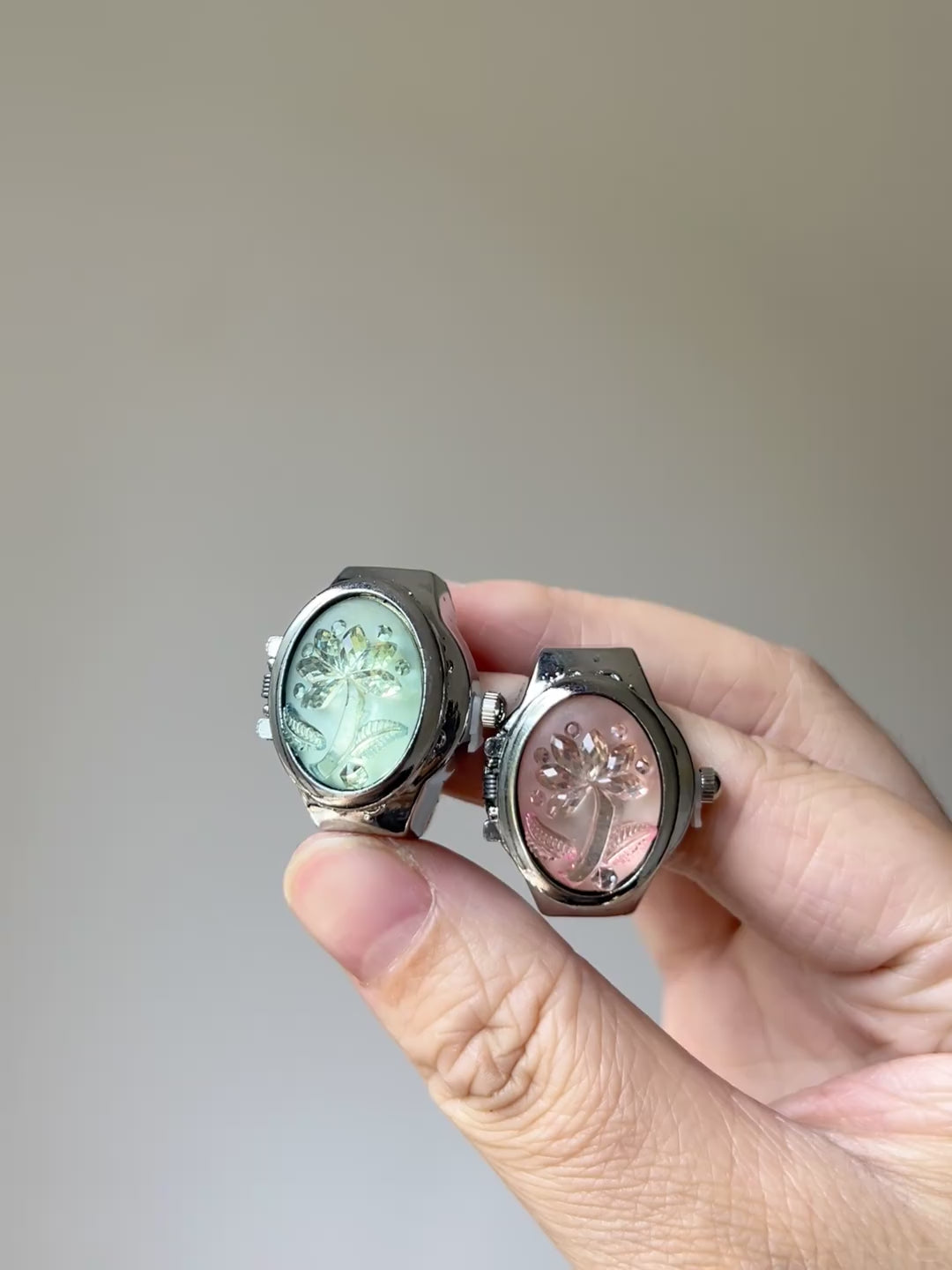Vintage palm tree ring with decorative watch face and playful retro shape