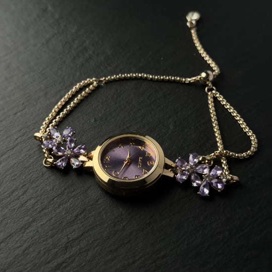 Rose gold chain watch bracelet with purple dial and soft nostalgic jewelry mood