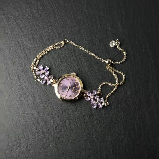 Purple flower watch bracelet with rose gold-tone chain band and vintage Y2K mood  