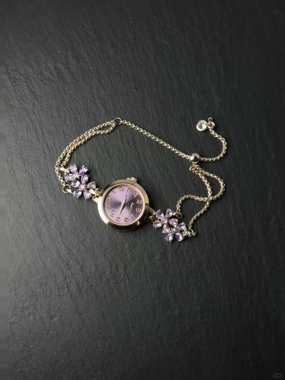 Purple flower watch bracelet with rose gold-tone chain band and vintage Y2K mood  