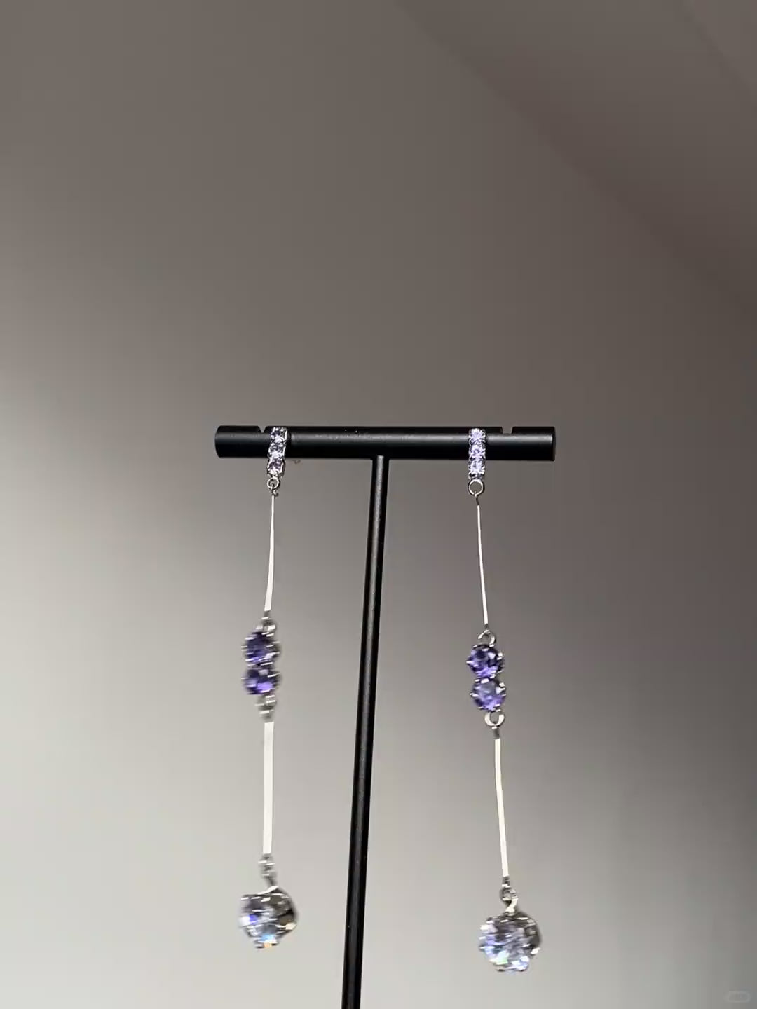 Lavender crystal top earrings with slim bar links and sparkling teardrop drops
