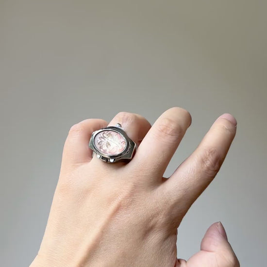 Tropical Y2K ring with watch-shaped silhouette and beach vacation styling mood