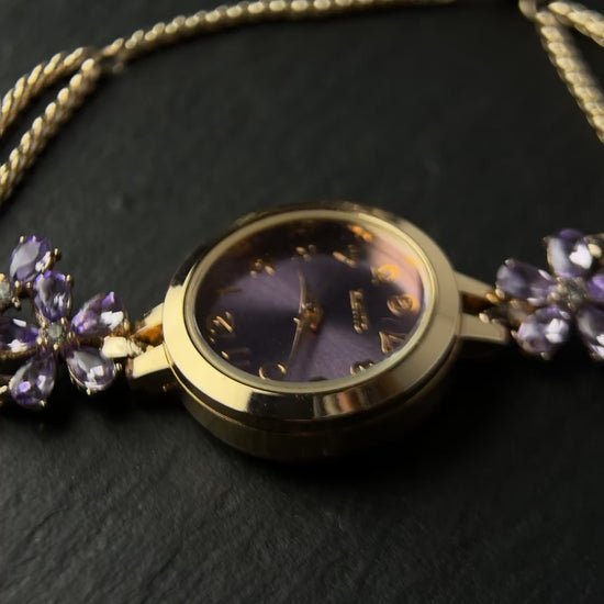 Y2K rose gold watch bracelet with purple crystal flowers and adjustable band