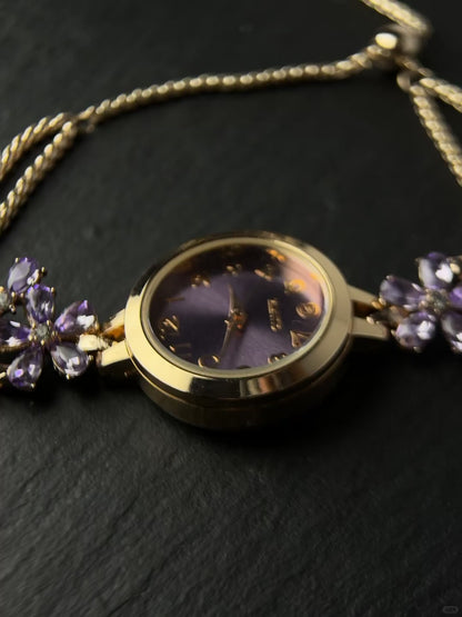 Y2K rose gold watch bracelet with purple crystal flowers and adjustable band
