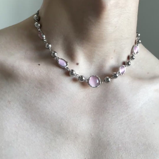 Coquette pink stone choker with titanium steel chain and rounded bead details