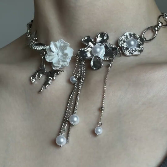 Statement flower choker with silver-tone charms and dreamy fairycore energy