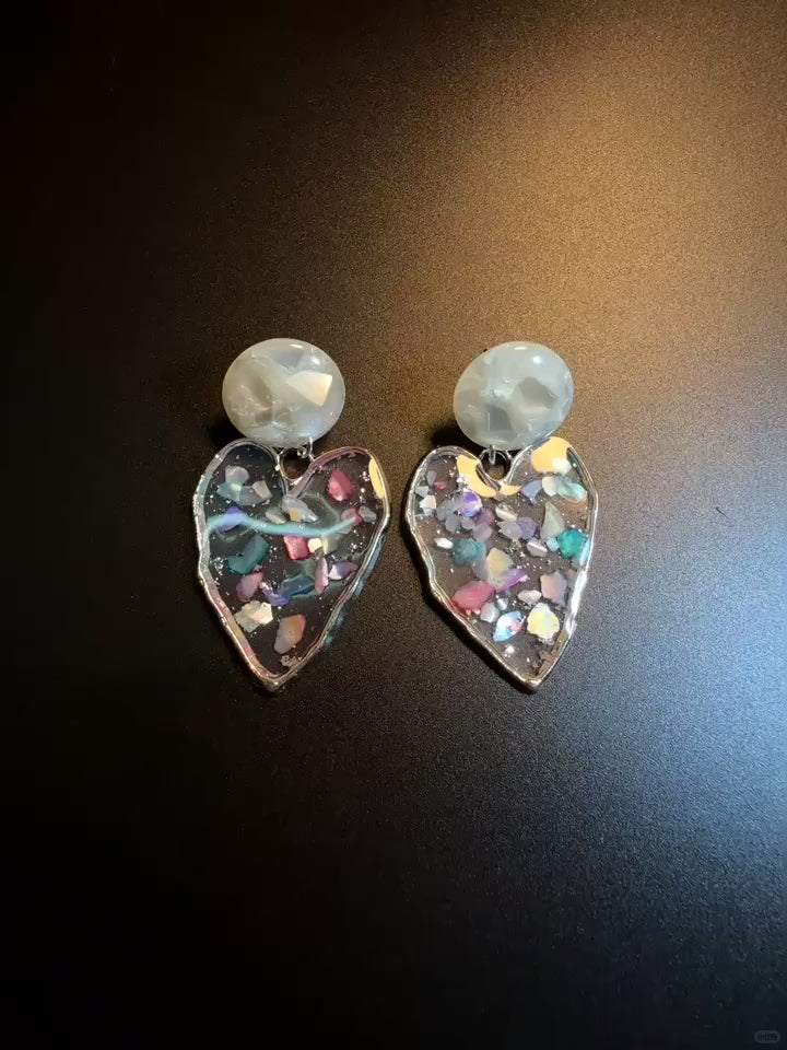 Y2K heart drop earrings with glossy transparent charm design