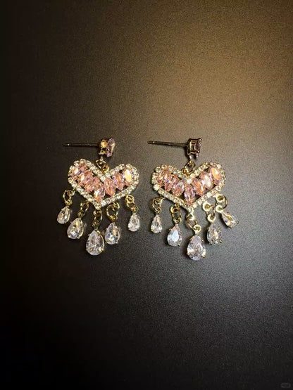 Pinke Strass Herz Ohrhänger – Y2K Gold Tropfenohrringe