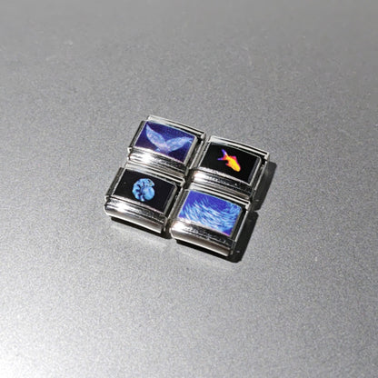 Hypoallergenic stainless steel modular bracelet with aquarium-inspired artwork