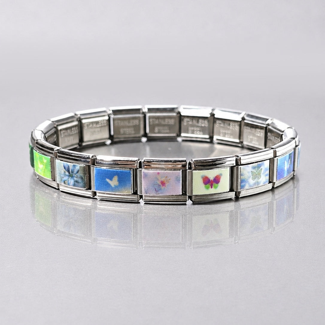 Y2K butterfly Italian charm bracelet with blue green and violet artwork