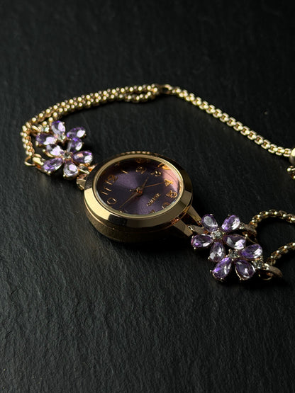 Purple crystal flower watch with rose gold-tone finish and chain-style bracelet