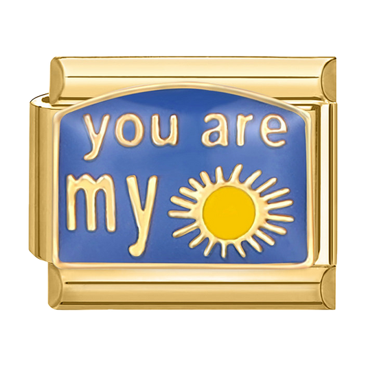 You Are My Sunshine charm featuring blue message panel and yellow sun artwork